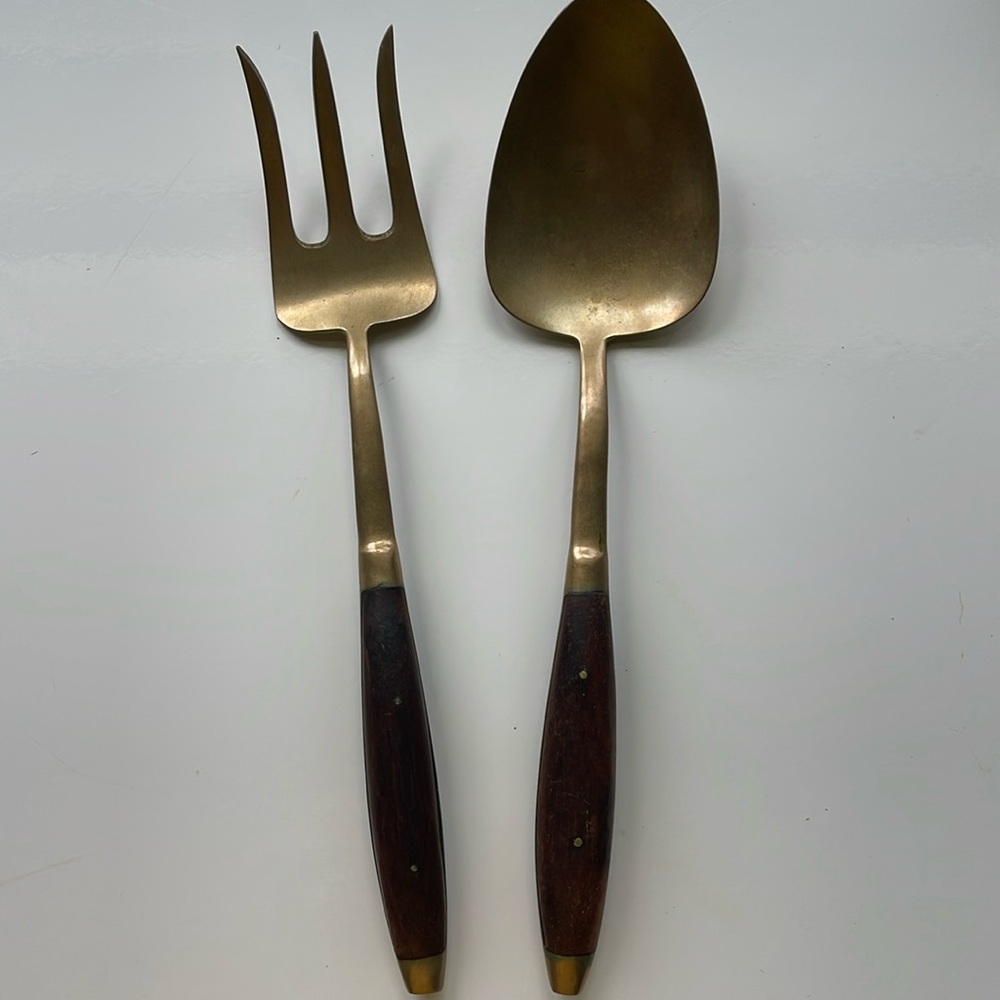 Vintage brass or bronze  wood salad serving set